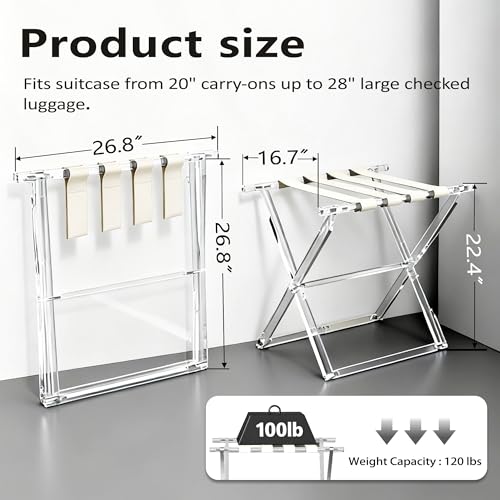 Acrylic Luggage Rack for Guest Room,Folding Luggage Rack with Leather Straps,Holds up to 120 lbs Suitcase Stand for Bedroom, Living Room and Hotel (Beige Leather)