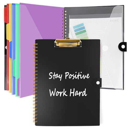 Clipboard Folio with Notepad, Multifunctional Clipboard Folder with Storage, 5 Folders with 11 Pockets, Waterproof Organizer with Refillable Notepad 40 Page A4, Lightweight, Button Closure (Black) - color: Black