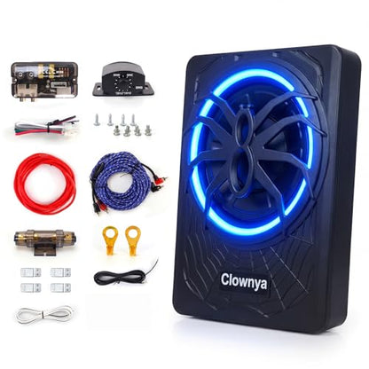 10" 1200W Slim Under-Seat Powered Car Subwoofer with Built-in Amp | Aluminum enclosure, high and low level RCA and speaker inputs, wired remote control, blue LED light, fits truck SUV Jeep MPV