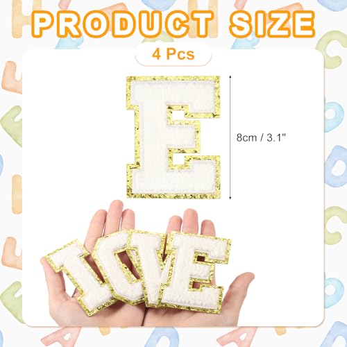 MECCANIXITY Chenille Letter Patches 3.1" Alphabet E Iron on Embroidered Patch Sew on Letter Stickers Applique for Repairing Clothing Jeans Shoes Hats DIY(White, Pack of 4) - style: Letter-E