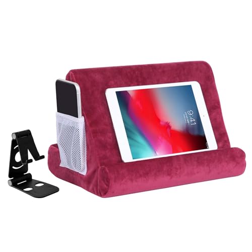 2pcs Multi-Angle Tablet Holder Cushion Stand with Net Pocket & Black Color Phone Stands Upgraded Tablet Pad Support for Phone,Pad,Books (WineRed) - color: Wine Red