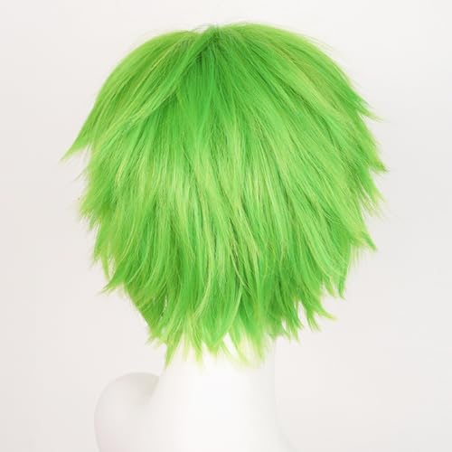 LABEAUTÉ Short Green Anime Cosplay Wig Male Men Anime Layered Unisex Heat Resistant Hair Wig with Bangs for Party and Halloween for Gift + Free Cap - color: Green