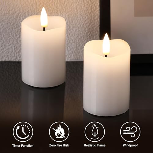 White Flameless Votive Candles with Remote Batteries Set of 6 | 2x3 inch Small Flickering LED Pillar Candles, Battery Powered, Real Wax Coating, Home Table Shelf Decor - color: White