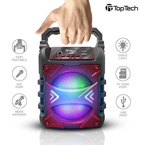 Top Tech Jet-4 Bluetooth Speaker, 400W, 4" Woofer, Rich Bass, 6hr Playtime, Disco Lights, Karaoke Mode, TWS, 100ft Range, USB, TF, Mic Input, Portable Speaker – Red - color: Red