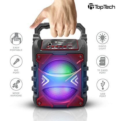 Top Tech Jet-4 Bluetooth Speaker, 400W, 4" Woofer, Rich Bass, 6hr Playtime, Disco Lights, Karaoke Mode, TWS, 100ft Range, USB, TF, Mic Input, Portable Speaker – Red - color: Red