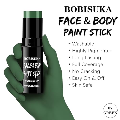 BOBISUKA Green Face Paint Stick, Highly Pigmented Full Coverage Washable Cream Face & Body Paint for Halloween Zombie Witch Monster Goblin Cosplay SFX Makeup, Sports Eye Black Looks & Costume Party - color: Green