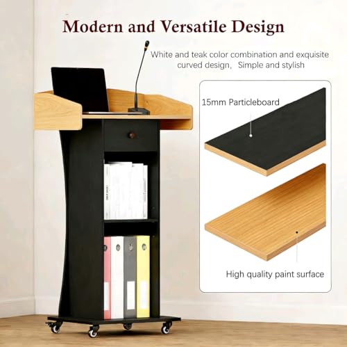 Podium Stand with Metal Wheels Wooden Lectern Podium Stand Portable Pulpit Standing with Storage Mobile Reception Podiums for Church Office School Conference Restaurant Meeting,Wood+Black - color: Black&wood