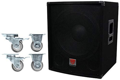 Rockville SBG1184 18" 1000W Pro DJ Subwoofer Bundle with WH4 Caster Wheels | Passive, 4 Ohm, SpeakON/1/4" In/Out, 500W RMS, 96dB, Pole Mount, Dual Ported MDF, 3" Locking Swivel Steel Wheels, 2-Items