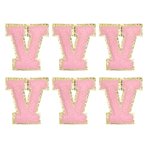 MECCANIXITY Chenille Letter Patches 2.2" Self Adhesive Alphabet V Stick on Embroidered Patch Sew on Letter Stickers Applique for Repairing Clothing Jeans Shoes Hats DIY(Pink, Pack of 6) - style: Letter-V