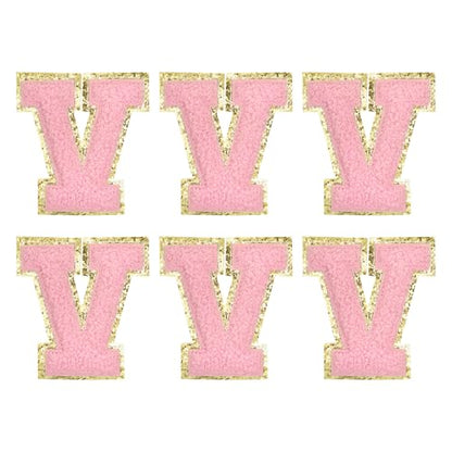 MECCANIXITY Chenille Letter Patches 2.2" Self Adhesive Alphabet V Stick on Embroidered Patch Sew on Letter Stickers Applique for Repairing Clothing Jeans Shoes Hats DIY(Pink, Pack of 6) - style: Letter-V