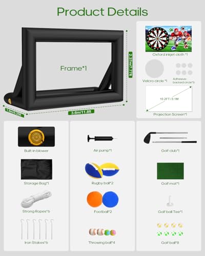3-in-1 14FT Inflatable Projector Screen - Outdoor Movie Screen, Dart Board and Football Target with 120W Blower, Front/Rear Screen for Celebration & Outside Movie Night - size: 14FT