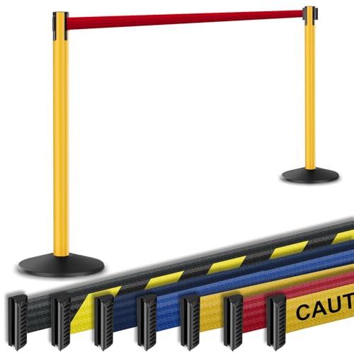 Prime 10' Long Outdoor Weather Resistant Retractable Belt Stanchion 2 Pk, 40” Tall No-Tools Assembly Crowd Control Barriers (Yellow Alumnium Post w/Red Belt) | Commercial Grade Outdoor Retractable Belt Stanchions, PRIME, Cement Base, Tool-Free, Crowd Cont