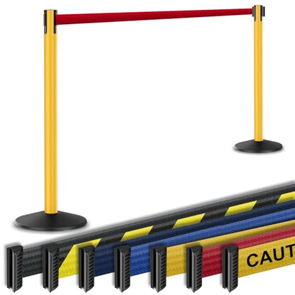 Prime 10' Long Outdoor Weather Resistant Retractable Belt Stanchion 2 Pk, 40” Tall No-Tools Assembly Crowd Control Barriers (Yellow Alumnium Post w/Red Belt) | Commercial Grade Outdoor Retractable Belt Stanchions, PRIME, Cement Base, Tool-Free, Crowd Cont