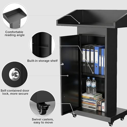 GARVIN Podium Stand with 4 Lockable Wheels, Heavy-Duty Metal Lecterns & Podiums with Hidden Storage, 46.5”H Portable Pulpit for Church, School, Office and Conference, Black - color: Black-03