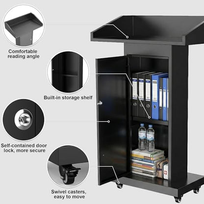 GARVIN Podium Stand with 4 Lockable Wheels, Heavy-Duty Metal Lecterns & Podiums with Hidden Storage, 46.5”H Portable Pulpit for Church, School, Office and Conference, Black - color: Black-03