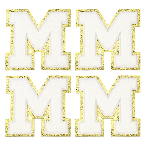MECCANIXITY Chenille Letter Patches 3.1" Alphabet M Iron on Embroidered Patch Sew on Letter Stickers Applique for Repairing Clothing Jeans Shoes Hats DIY(White, Pack of 4) - style: Letter-M