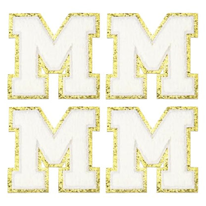 MECCANIXITY Chenille Letter Patches 3.1" Alphabet M Iron on Embroidered Patch Sew on Letter Stickers Applique for Repairing Clothing Jeans Shoes Hats DIY(White, Pack of 4) - style: Letter-M