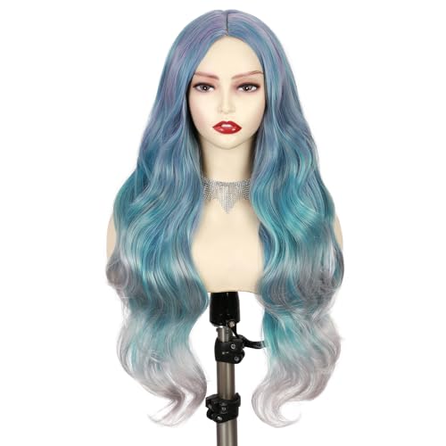 Quantum Love Long Curly Ombre Blue Wig for Women Long Wavy Bluish Green Wigs 28inch Natural Looking Synthetic Colorful Hair for Cosplay Halloween DailyParty Use - color: Ombre Blue