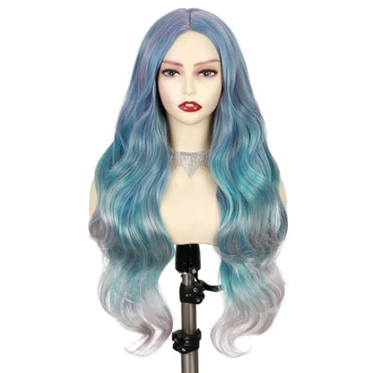 Quantum Love Long Curly Ombre Blue Wig for Women Long Wavy Bluish Green Wigs 28inch Natural Looking Synthetic Colorful Hair for Cosplay Halloween DailyParty Use - color: Ombre Blue