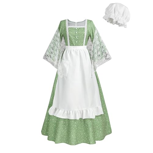 NSPSTT Prairie Dress Women Pioneer Dress Colonial Costume - color: Green Printing, size: Small
