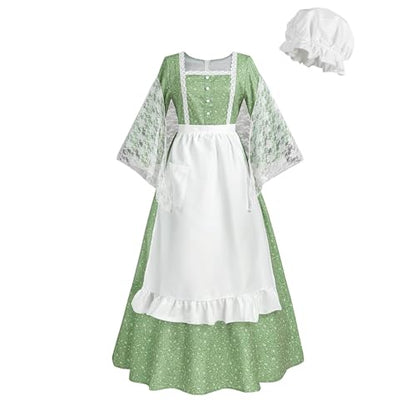 NSPSTT Prairie Dress Women Pioneer Dress Colonial Costume - color: Green Printing, size: Small