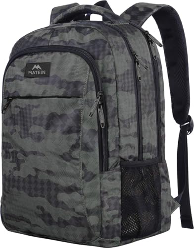 MATEIN Travel Computer Backpack, 15.6 Inch Sturdy College Laptop Bookbag | Lightweight Water Resistant, Anti Theft Back Pocket, Carry On Personal Item Bag, Casual Daypack Gift for Women Men - color: Grey and Black Camo, size: 15.6 Inch