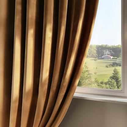 FMFUNCTEX Velvet Blackout Curtains Gold Brown Thermal Insulated Curtains for Bedroom Living Room Darkening Curtains 84 Inches Long Soft Luxury Heavy Rod Pocket Brown Drapes Dining Room 2 Panels Set - color: Gold Brown, size: 52"W x 84"L (Pack of 2)