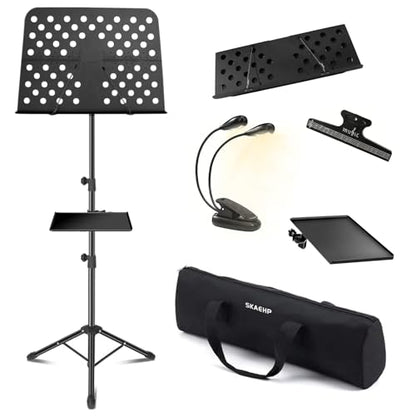 Sheet Music Stand, Metal Portable Music Stand | XL Sheet Music Folder 17" x 14", Carrying Bag, Phone Holder, Light and Clip