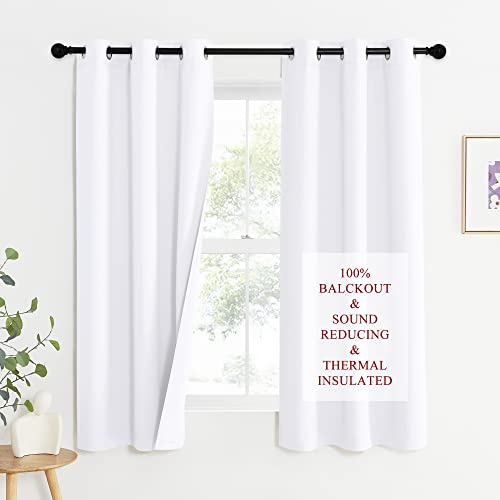 NICETOWN Sound Blocking White 100% Blackout Lined Curtains, 3 Thick Layers Completely Blackout Noise Control Window Treatment Insulated Drapes for Bedroom (1 Pair, 42 Width x 63 Length Each Panel) - color: Pure White, size: 42"W x 63"L (Pack of 2)