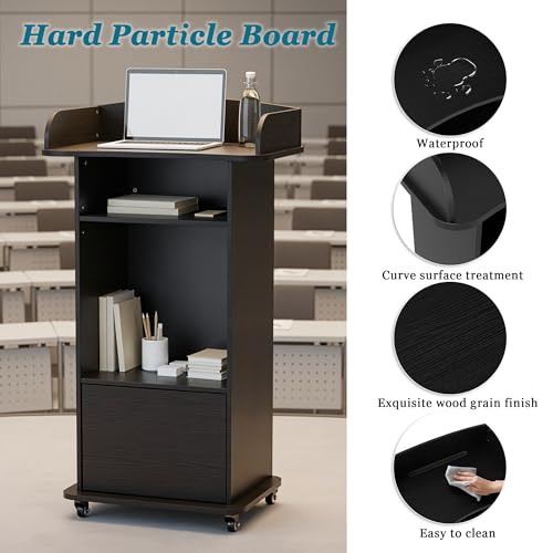 Podium Stand with Metal Wheels Wooden Lectern Podium Stand Portable Pulpit Standing with Storage Mobile Reception Podiums Desk for Church Office School Conference Restaurant Meeting, Black - color: Black