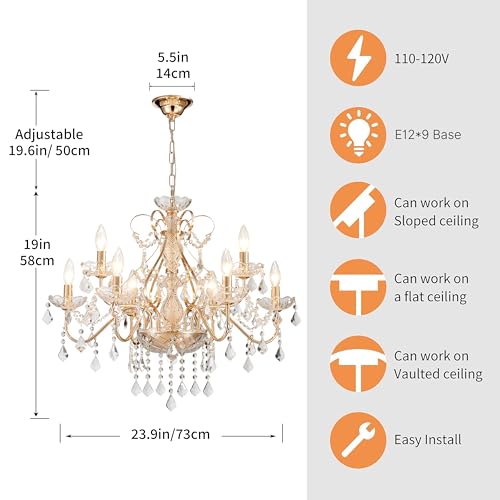 Saint Mossi Gold Crystal Chandelier for Dining Room, 9-Light Modern Chandelier Pendant Light, French Gold Crystal Raindrop Chandelier for Bedroom, Living Room, Foyer, H19 x D24 - color: French Gold 9-Light