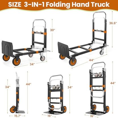 3-in-1 Folding Hand Truck,600lb Convertible 4 to 2 Wheel Dolly Cart Orange | For home office warehouse garage farm gym, carbon steel frame, base expands 35-44in, swivel rubber wheels, folds flat - color: Orange