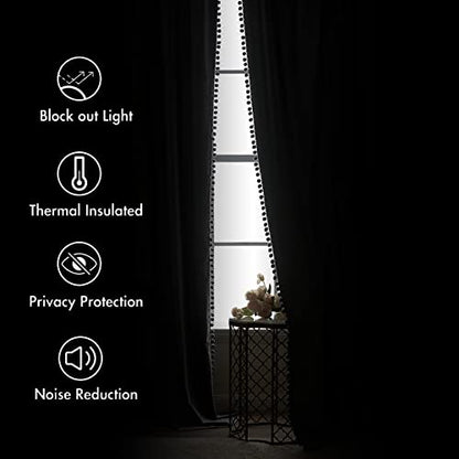 MIULEE Blue Pom Pom Velvet Blackout Curtains, W52 x L96, Set of 2 | Rod Pocket Curtains,Thermal Insulating,Blackout Curtains for Bedroom/Home Theater/Living Room Darkening - color: Dark Slate, size: 52"W x 96"L (Pack of 2)