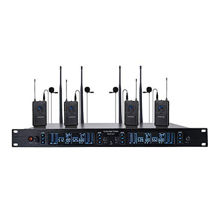 Sound Town 200 Channels UHF Wireless Microphone System with Metal Rack Mountable Receiver, 4 Lavalier Mics, 4 Bodypack Transmitters and Auto Scan, for Church, School, Meeting (NESO-SU4LL) - color: Solid Black