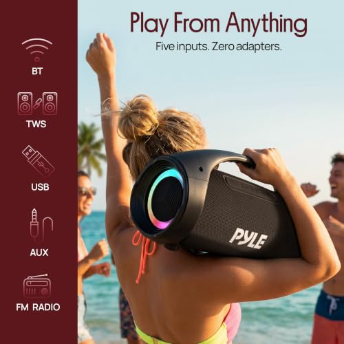 Pyle Portable Bluetooth Boombox Speaker - 100W Peak Power, 19H Battery, FM Radio, USB Playback, Aux in, TWS Pairing - Use for Home, Outdoor, Travel - LED Lights - Sturdy Carry Handle - PBTPSPWP25BK