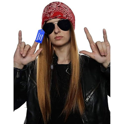 ALLAURA Compatible with Axel Rose Costume – 3pc 80s Rocker Wig Set for Men with Bandana & Sunglasses – 80s & 90s Punk Rock, Heavy Metal Hairpieces for Axel, Bret, Slash, Rockstar, Halloween, Party - color: 13-Ginger