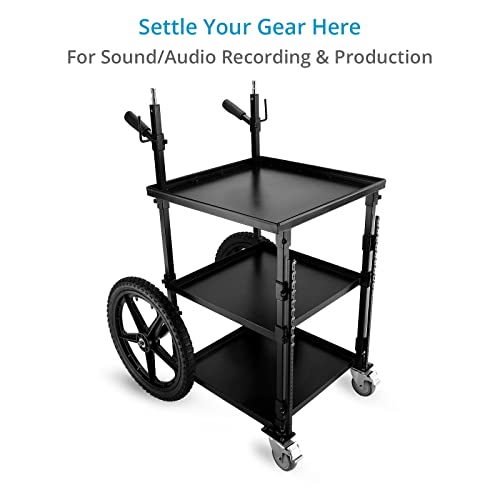 PROAIM Soundchief OG Sound Cart, 14U Rack Mount, 120kg/265lb, Collapsible | Aluminum build with 3 trays; adjustable middle shelf; 20 inch pneumatic rear wheels; 3 inch swivel front wheels; cable hooks