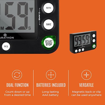 MARATHON 100-Minute Digital Timer with 3 Memory Presets, Black | Adjustable alarm volume, count-up and countdown functions, magnetic back and tabletop stand