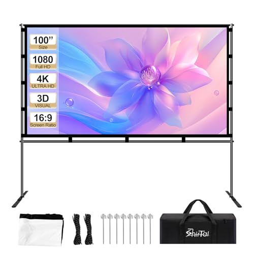 100 Inch Projector Screen,Portable Projector Screen with Stand,16:9 4K HD Anti-Crease Indoor Outdoor Movie Screen with Carry Bag for Camping Home Theater