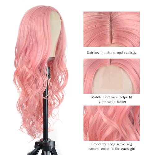 Aida ble Long Pink Wavy Wig for Women 26inch Middle Part Synthetic Wig | Natural Looking Heat Resistant Hair,Suit for Daily Wear,Party,Halloween and Cosplay,Beginner-friendly,Lightweight and soft - color: Pink