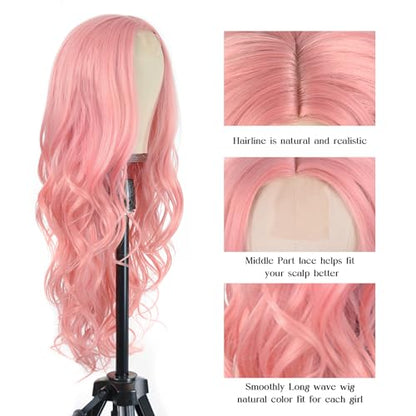 Aida ble Long Pink Wavy Wig for Women 26inch Middle Part Synthetic Wig | Natural Looking Heat Resistant Hair,Suit for Daily Wear,Party,Halloween and Cosplay,Beginner-friendly,Lightweight and soft - color: Pink