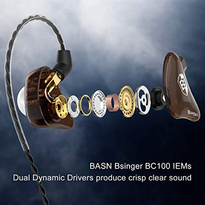 BASN Bsinger BC100 in Ear Monitor Headphone with Dual Drivers, Clear Brown | Noise Isolation Dynamic Drivers IEM Earphone with Detachable MMCX Cable for Singer Musician Drummer,Secure Fit Gaming Earbud - color: Brown