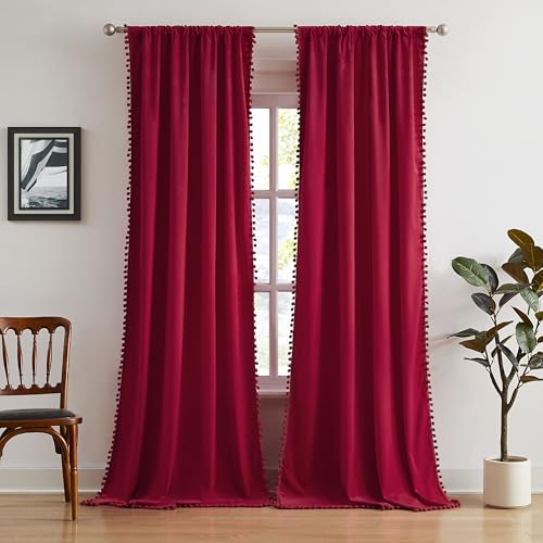 Red Pom Pom Velvet Curtains for Holiday Season 42"x84" Room Darkening Drape - color: Pom Pom- Red 2, size: 42"W x 84"L (Pack of 2)