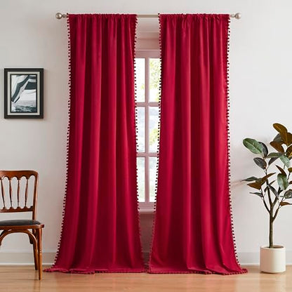 Red Pom Pom Velvet Curtains for Holiday Season 42"x84" Room Darkening Drape - color: Pom Pom- Red 2, size: 42"W x 84"L (Pack of 2)