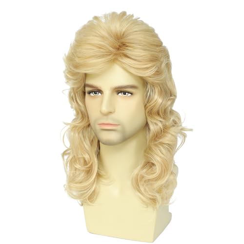 Men's 80s Rock Mullet Wig, Long Curly Retro Costume Wig, Perfect for 80s Theme Parties, Halloween, Rock Concerts and Cosplay with Sunglasses (Light Blonde) - color: 8002-Light Blonde