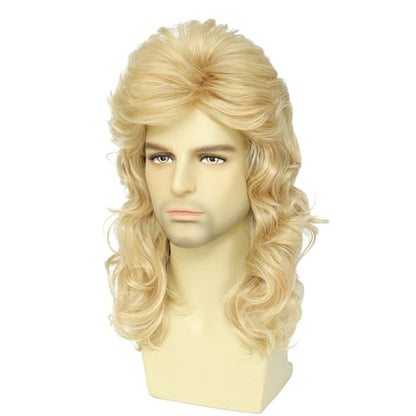 Men's 80s Rock Mullet Wig, Long Curly Retro Costume Wig, Perfect for 80s Theme Parties, Halloween, Rock Concerts and Cosplay with Sunglasses (Light Blonde) - color: 8002-Light Blonde