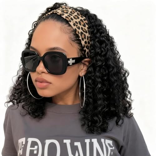 BECUS 12" Curly Headband Wig Natural Black Everyday Style - color: A-Curly Black, size: 12 Inch