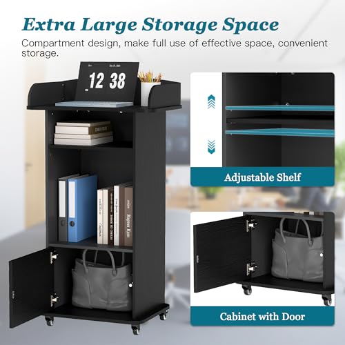 Podium Stand with Metal Wheels Wooden Lectern Podium Stand Portable Pulpit Standing with Storage Mobile Reception Podiums Desk for Church Office School Conference Restaurant Meeting, Black - color: Black