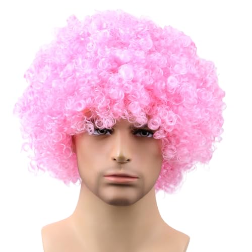 Funny Wigs for Women Men Light Pink Crazy Clown Wigs Fans Wig Short Afro Curly Costume Wig for Halloween Parties Cosplay Stage Performance Christmas Party Wig(Large Size,Light Pink) - color: Light Pink, size: Large Size