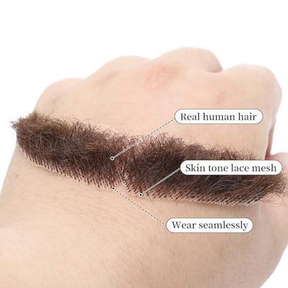 Parceria Human Hair Curly Fake Beard and Mustache, Natural Looking Costume Facial Hair, Realistic Mustache Trimmable and Customizable Beard Invisible Lace for Men (QSH Brown Beard) - color: QSH Brown Beard